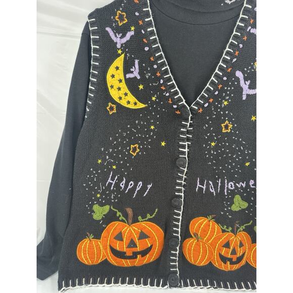 VTG Holiday Editions Halloween Sweater Vest Women XL Black Jack O Lantern Bats - Picture 14 of 14